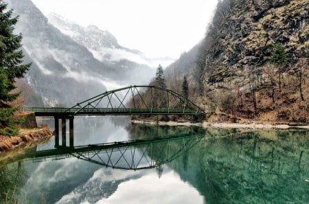 mountain lake bridge - mountains, lake, trees, reflection