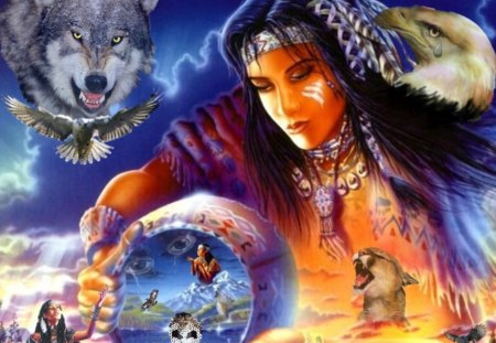 the spirit of indian - wolf, dreamcatcher, sky, eagle