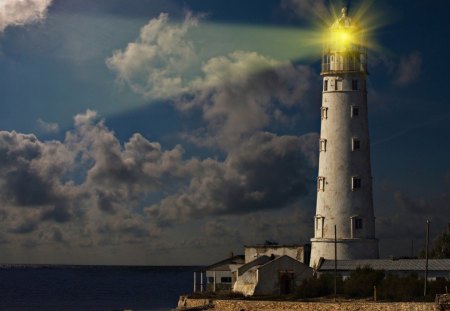 BEACON OF HOPE - clouds, night time, searchlights, oceans, illumination, evening, sea, beacons, beams, lights, lighthouses