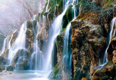 beautiful landscape - twigs, rock, water, falls