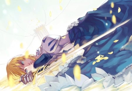 Saber - heaven, saber, anime girl, female, water, cherry blossom, hot, sword, blonde hair, cool, flower, dream, laying down, fate stay night, sexy