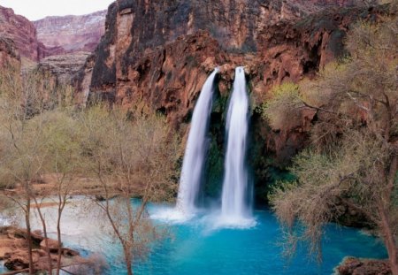 hot spring - water, falls, mountain, bushes