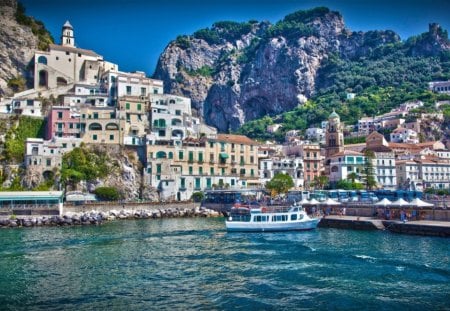 beautiful italy town - water, mountains, trees, boat