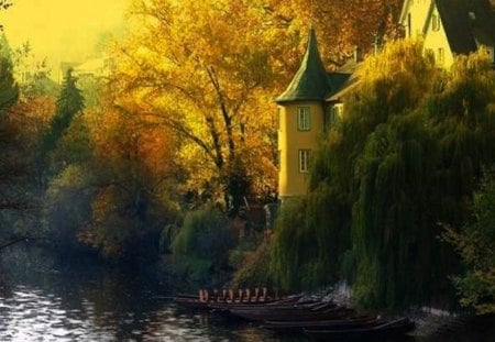 Cottage on Lake During Autumn - fall, house, autumn, red, green, lake, colors, orange