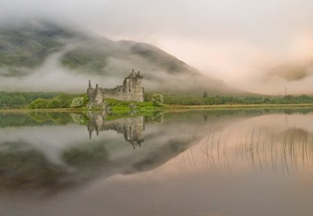 beautiful kilchurn castle scotland - lake, mountain, castle, clouds