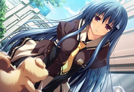 Moe Kanzaki - black, akatsuki no goei, anime, anime girl, blue, school uniform, brown, school girl, moe kanzaki, dog