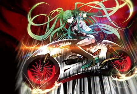 Hatsune Miku - twin tails, motorcycle, vocaloid, miku hatsune, elbow gloves, hot, thighhighs, hatsune miku, green hair, cool, long hair, motor vehicle, sexy, gloves