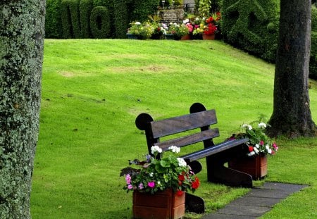 Bench in park - summer, beautiful, relax, rest, sit, alleys, nature, park, greenery, pretty, flowers, peaceful, garden, bench, nice, lovely, trees, calm