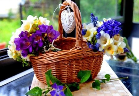 Basket of fresh flowers - nice, delicate, greenery, basket, still life, home, pretty, table, house, harmony, fresh, summer, yard, lovely, nature, beautiful, refreshing, flowers