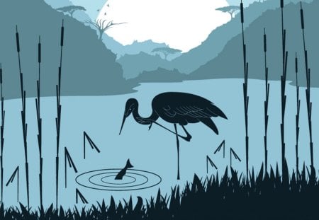 Heron Pond - mountains, bird, abstract, grass, blue, lake, sky, pond, heron, fish, trees