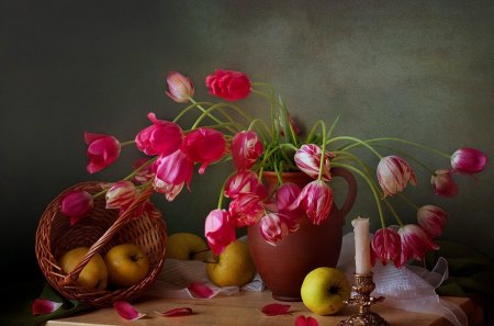 Still life - nice, candles, tulips, room, colorful, bouquet, basket, still life, pretty, table, apple, fruits, lovely, vase, beautiful, pink, red, flowers