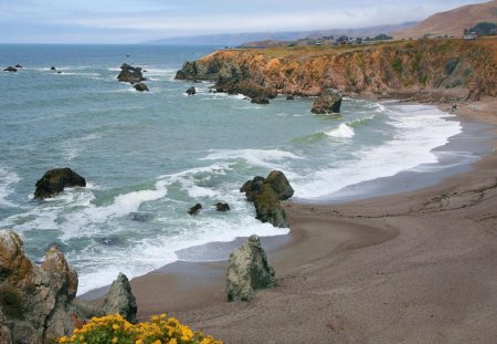 schoolhouse beach bodega bay cal. - cliff, waves, beach, rocks