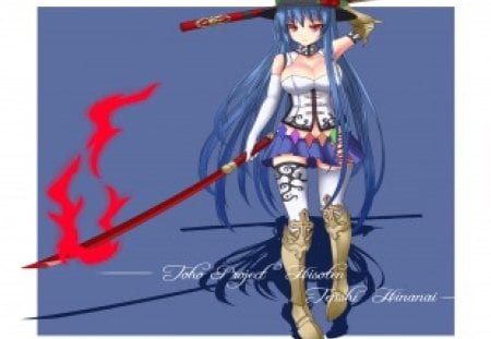 Hinanawi Tenshi - sexy, hot, hat, long hair, thighhighs, armor, gloves, red eyes, blue hair, touhou, cool, katana, hinanawi tenshi, sword, breasts