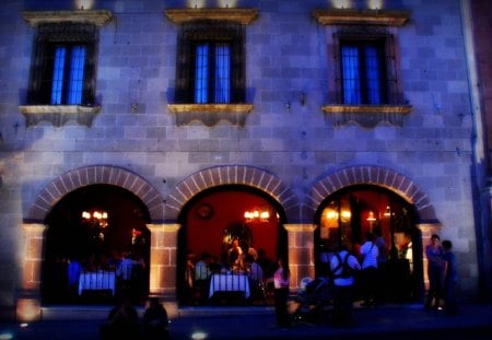 restaurant in purple - purple, building, restaurant, people