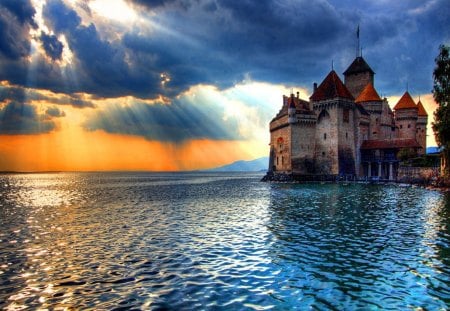 Sea castle - building, sunset, sea, castle