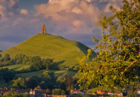 glastonbury castle and town england - hill, town, castle, trees