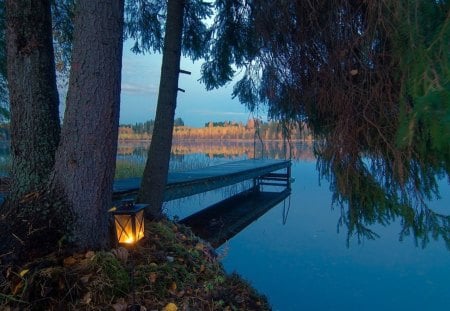 dock on a lake at sundown - lake, lantern, trees, dock