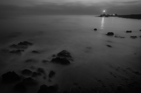 beautiful lighthouse in the mist - mist, sea, greyscale, lighthose, rocks