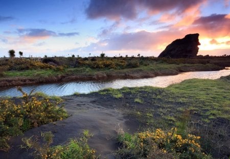 wonderful nature landscape - banks, clouds, river, rock, shrubs