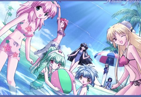 Summer Angels - anime, summer, galaxy angel, vanilla ash, mint blancmanche, sand, umbrella, swimsuits, sky, milfeulle sakuraba, chitose karasuma, ranpha franboise, ocean, forte stollen, beach ball, prince shiva, palm tree