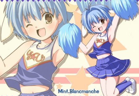 Mint Blancmanche - anime, blue, galaxy angel, mint blancmanche, stars, pom-poms, cheers, cheering, cheerleader outfit