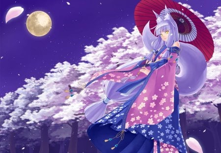 FoxGirl - orginal, sakura, girl, umbrella, night, fox, kitsune, petals, moon, kimono, japanese