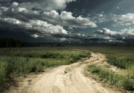 Road to Stormy Sky - paroxysmal, farm, sky, trees, tempestuous, field, path, road, storm, weary, dark, clouds, rabid, stormy, fields, country, tumultuous, rough, turbulent, lane