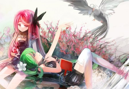 Megurine Luka & Hatsune Miku - pretty, artistic, twin tail, book, meadow, pink, uniform, stunning, nice, program, thighhighs, beauty, virtual, cg, white, green, cute, aqua eyes, song, outfit, bird, vocaloid, anime, blue, amazing, twintail, hatsune miku, music, aqua, pink hair, art, idol, anime girl, laying, beautiful, singer, girl, cool, black, miku, awesome, diva, painting, digital, aqua hair, thigh highs, hatsune, reach, vocaloids