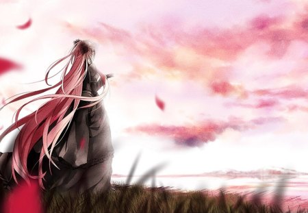 Megurine Luka - horizon, sun, music, sunset, anime girl, white, amazing, art, cool, petals, artistic, warrior, song, stunning, vocaloids, program, vocaloid, pink, beautiful, uniform, sunrise, diva, dress, beauty, nice, sky, sunshine, singer, black, pink sky, virtual, pretty, megurine luka, idol, clouds, anime, sword, cute, megurine, luka, sunlight, girl, cg, awesome, flowers, digital, outfit