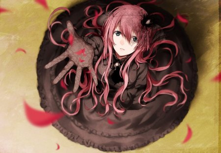 Megurine Luka - pretty, artistic, rose petals, pink, luka, stunning, nice, program, red rose, megurine, beauty, virtual, petals, cg, megurine luka, cute, aqua eyes, song, vocaloid, anime, amazing, dress, music, black dress, pink hair, art, idol, hat, anime girl, beautiful, singer, girl, cool, black, awesome, diva, digital, rose, reach, vocaloids