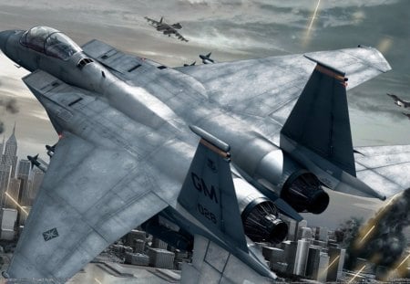 ace combat fires of liberation - plane, clouds, buildings, sky