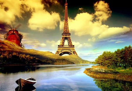 Fantasy - sky, hills, eiffel tower, trees, water, river, clouds, windmill, grass, boat