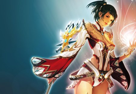 Lineage II - dark hair, wand, anime, female, staff, lineage 2, scepter, blue background, lineage, weapon, games, video games