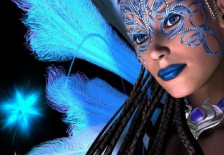 blue mask - girl, feathers, mask, blue