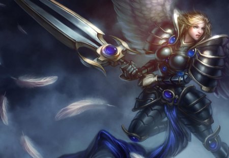 Kayle - anime, female, warrior, league of legends, sword, blonde hair, armour, kayle, wings, weapon, feathers, games, video games, blue eyes