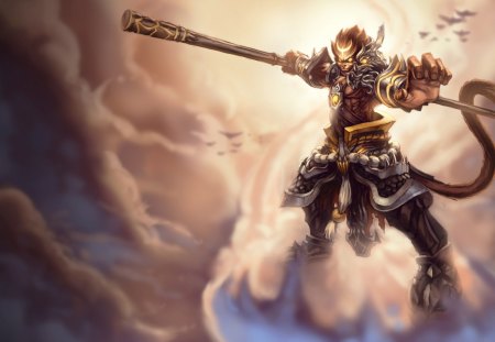 Wukong - clouds, yellow eyes, gold eyes, anime, league of legends, tail, monkey, armour, weapon, games, video games, glowing eyes