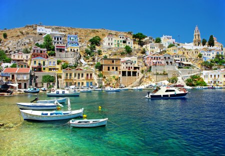 Beautiful Greece - sunny, summer, town, coast, amazing, boat, splendor, sailboats, sailing, view, greece, houses, sky, house, hill, water, beautiful, sea, city, summer time, beauty, lovely, architecture, buildings, village, boats, nature, sailboat, peaceful