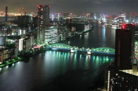 nightscape - bridge, nightscape, buildings, lights