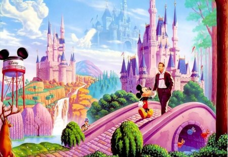 wonderful disney - mickey mouse, castles, trees, walkway