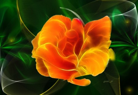 Green dreams - fractal, grid, orange, green, flower