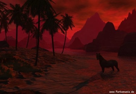 beach in red - mountains, rock, horse, trees