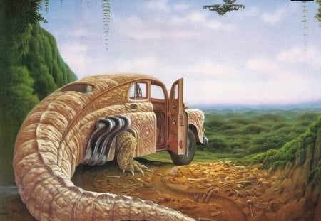 crocodile car - art, plane, trees, car