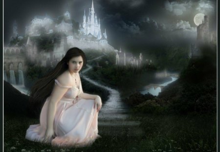 girl and a castle - moon, woman, girl, clouds, secret, castle, night