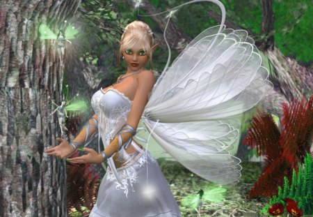 beautiful fairy and wee ones - white, wings, flowers, trees