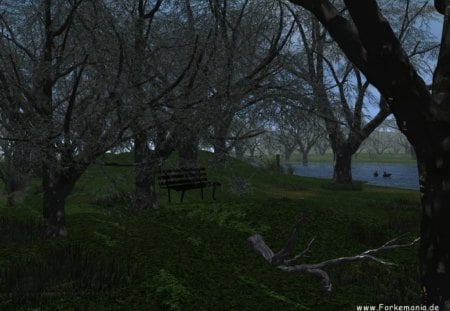 springtime - water, bench, grass, trees