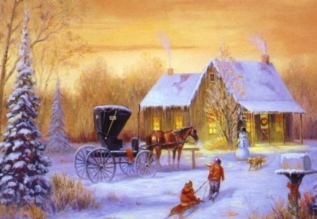 visiting parents - house, snow, horse, buggy