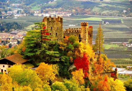 Castle on city background - nice, autumn, trees, roofs, colorful, view, castle, houses, background, summer, lovely, peak, nature, town, beautiful, city, colors