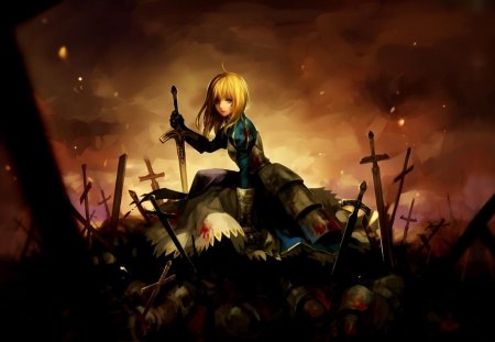 Saber - saber, anime, warrior, sword, blonde hair, weapons, long hair, armour, fate stay night