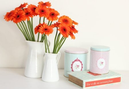 ♥Amazing orange SunShine♥ - tin cans, forever, amazing, book, fashion, sunshine, entertainment, bedroom, orange, bouquet, gerberas, white, annie, ceramic vase