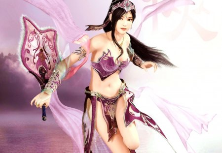 Oriental Fantasy - dark hair, fan, female, tiara, long hair, oriental fantasy, games, xiah, weapon, video games